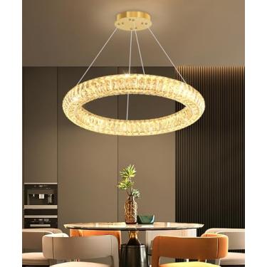 Imagem de AFQEJG 1 anel lustre de cristal moderno anel regulável luz pendente lustres de cristal redondos para sala de estar sala de jantar quarto 60 cm ouro