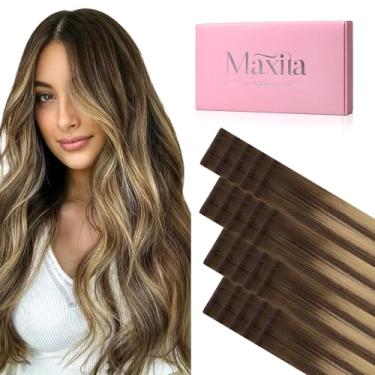 Imagem de MAXITA Extensões de cabelo humano Invisi Edge Tape, cabelo humano Remy, marrom chocolate balayage a loiro caramelo, 20 peças de 45,7 cm 50 g fita injetada sem costura em extensões