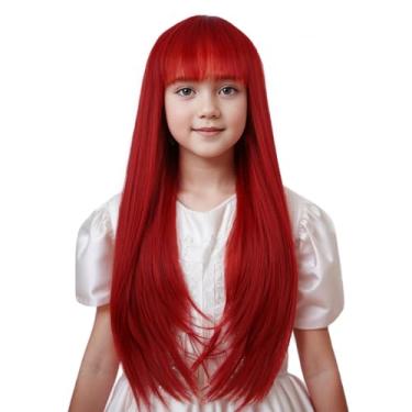 Imagem de Edivd Peruca vermelha brilhante infantil longa vermelha com franja de ar para meninas peruca reta vermelha clara para crianças peruca sintética resistente ao calor com touca de peruca