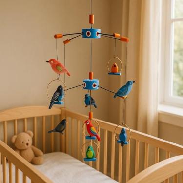 Imagem de Mobile Decorativo Pássaros da Amazônia, 60x38cm, Madeira Artesanal, Pintado à Mão, para Quarto de Bebê