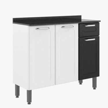 Imagem de Balcão Cozinha 3 Portas 1 Gaveta Branco com Preto com Tampo e pés Dona Maria Bertolini