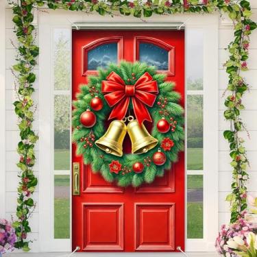 Imagem de BlissYard Capa de porta de Natal, guirlanda de sinos, decoração de laço vermelho, 89 x 188 cm, faixa festiva para decoração de parede interna e externa, tecido de poliéster, festa em casa para meninas