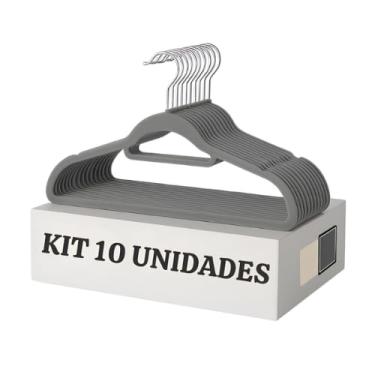 Imagem de Cabides de Veludo Ultrafinos, Kit com 10 Unidades, Cinza, Gancho Giratório 360°, Antideslizante, para Roupas Delicadas