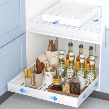 Imagem de Organizador de armário com largura expansível (33 cm a 53 cm) e profundidade (33 cm a 58 cm). Gavetas resistentes com 3 trilhos, papel adesivo ou unha fixa, para cozinha, banheiro, branco
