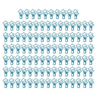 Imagem de Grampos de Fichário, 100 Pçs Bonito Desenhos Animados Forte Força de Aperto Grampos de Papel de Metal Resistentes Forma de Estrela Grampos de Ligação de Fio Protable Material de Escritório para (Azul)