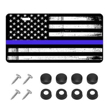 Imagem de DXNQ Placa de licença vintage da bandeira americana, etiqueta de placa de carro frontal personalizada bandeira dos EUA com 4 parafusos, metal de alumínio à prova de ferrugem patriótica bandeira dos