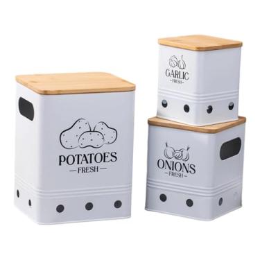 Imagem de Fenteer Conjunto de 3 recipientes para armazenamento de batatas, cebolas e alho, recipientes de cozinha empilháveis ​​para armazenamento de vegetais, latas