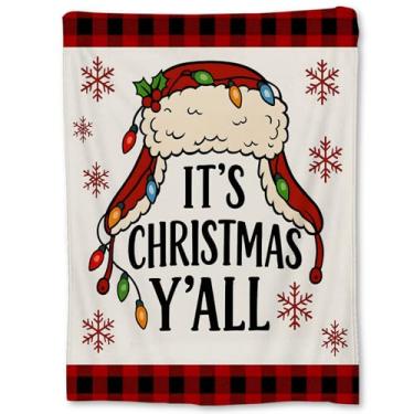 Imagem de Cobertor de Natal com chapéu de Papai Noel e cordão de luzes, cobertor macio e leve de flanela xadrez para sofá, cama, viagem e decoração de inverno, cobertores festivos aconchegantes para mulheres e