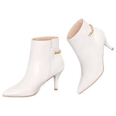 Imagem de Perphy Botas femininas de salto agulha com corrente dourada e bico fino, Creme, 39