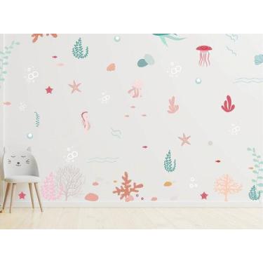 Imagem de Adesivo de Parede Fundo do Mar em Tons de Verde Água e Rosê - Pendurad