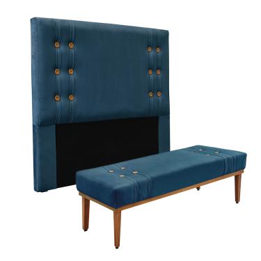 Imagem de Cabeceira Cama Box Queen 160cm e Recamier Gênova Veludo Azul Marinho S04 - D'Rossi