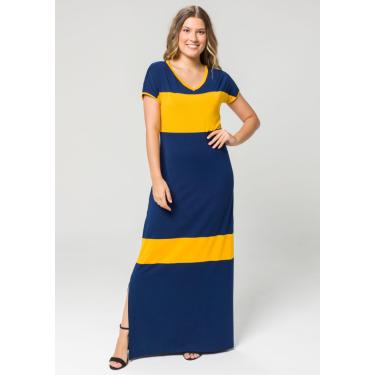 Imagem de Vestido Longo Pau a Pique Listrado Azul Marinho e Amarelo Ouro
