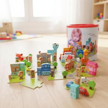 Imagem de Bloco Construção Em Madeira Balde 140 Peça Montessori Cidade - yin's