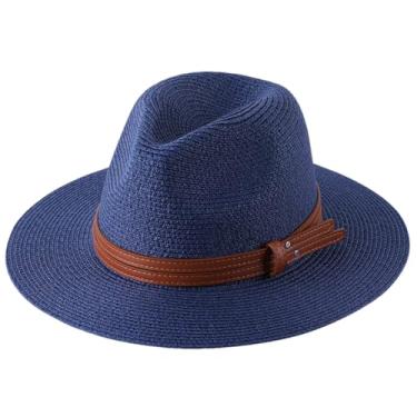 Imagem de Chapéu de palha Panamá de verão masculino e feminino, aba larga, proteção UV, Fedora, chapéu de sol azul marinho L59-60 cm