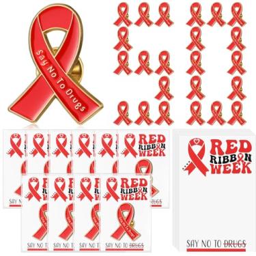 Imagem de Huquary Conjunto de 50 broches de lapela com fita vermelha para presente de semana diga não às drogas com cartões para campanhas antidrogas e eventos de arrecadação de fundos (estilo clássico)