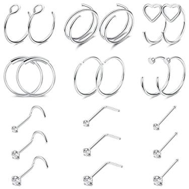 Imagem de Besteel 21 argolas de nariz de 22 g, argolas de aço cirúrgico, 20G, piercing de nariz, para mulheres, homens, argola de nariz duplo, argola para piercing único, 1,5 mm, 2 mm, 2,5 mm, zircônia cúbica,