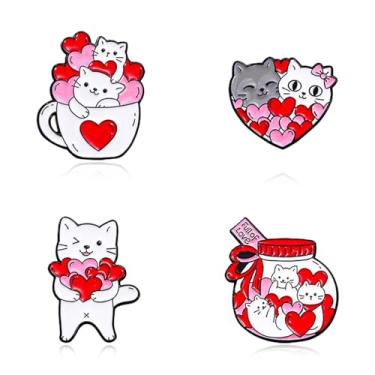 Imagem de QLYOVWE Conjunto de alfinetes femininos Kawaii Animal Friends Valentine Collection 4 peças coração esmaltado broche fofo gato rosa roupas chapéus acessórios cachecol crachá presentes de Natal