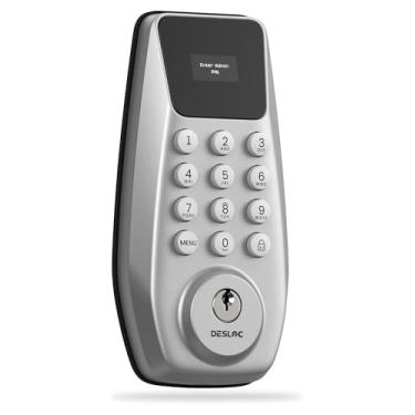 Imagem de DESLOC Fechadura de porta de entrada sem chave C100 com tela, fechadura de teclado com tela, trava automática, 100 códigos PIN, modo de passagem, IP54, bateria de 12 meses, prata BHMA grau 3