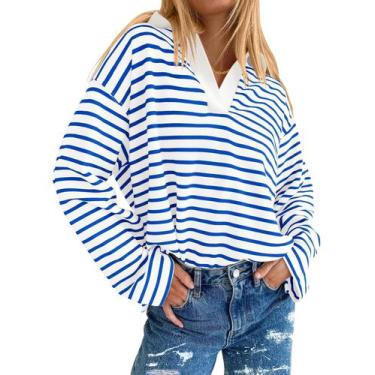 Imagem de Camisa AKEWEI com decote em V com gola azul e branca listrada feminina