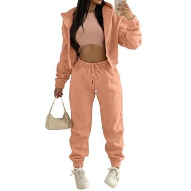 Imagem de Conjunto de moletom feminino Akmipoem, 3 peças, zíper, pêssego, fuzz S