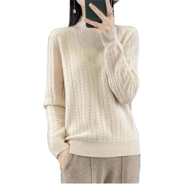 Imagem de Mulheres Camisola Cor Sólida Básica Mock Neck Pullover 100% Lã Merino Manga Comprida Jumper Tops, Lighttan, L