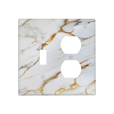 Imagem de BHGAHD Capas de tomada decorativas, moderno, cinza, dourado, textura de mármore, 2 gangs, placa de parede, interruptor de luz duplex, placa de interruptor para decoração de banheiro e cozinha