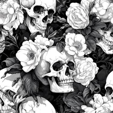 Imagem de COKCOKR Papel de parede de caveira, 45 x 236 cm, papel de parede de flor preto/branco espesso, papel de contato autoadesivo removível para sala de estar, quarto, armário de banheiro