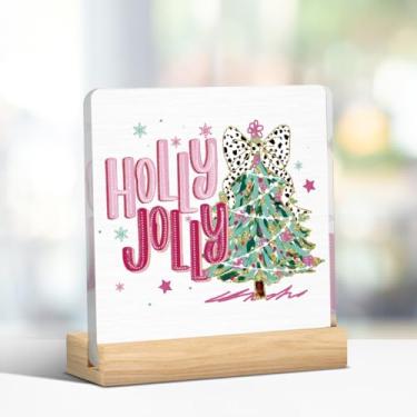 Imagem de Decoração de casa de parede rosa feliz natal azevinho alegre placa de coquete de árvore de Natal, decoração de casa de escritório para prateleira de mesa de mesa 10 x 10 cm