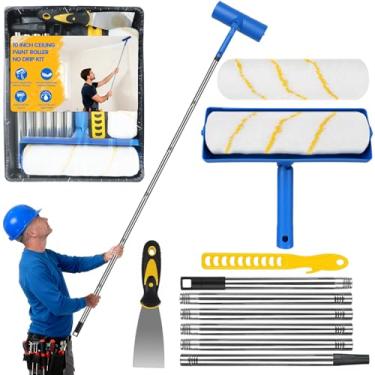 Imagem de Kit de rolo de pintura de teto sem gotejamento - mastro de extensão de 25,5 m + rolo de pintura de teto de 25 cm com escudo e cabeça ajustável, pincel de rolo sem gotejamento/respingos + bastão de