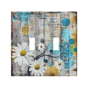 Imagem de BHGAHD Capa decorativa de placa de interruptor com margaridas brancas em uma placa de madeira cinza, placa de parede de 2 gangues, exclusivo interruptor duplo de interruptor de luz dupla para