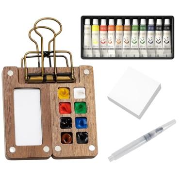 Imagem de Mini kit de viagem em aquarela, conjunto de aquarela portátil com 12 cores, conjunto compacto de tinta aquarela de bolso para esboços ao ar livre, inclui caixa de madeira de nogueira e mini caderno de
