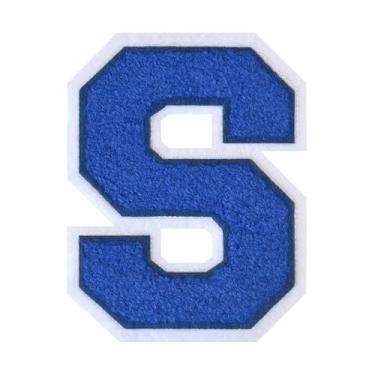 Imagem de 1 PÇ Patch de letra de chenille azul de 11,4 cm com borda branca – Remendos do alfabeto para roupas, jaquetas, mochilas, chapéus para decoração personalizada, nome personalizado e artesanato. (P)