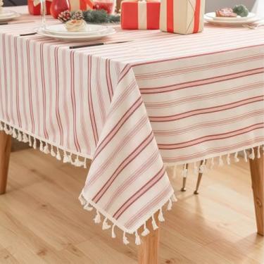 Imagem de Zdolmy Toalha de mesa listrada com borla, toalha de mesa 100% algodão, retângulo lavável, para decoração de jantar de cozinha (listras vermelhas, 139,7 x 139,7 cm (quadrado))