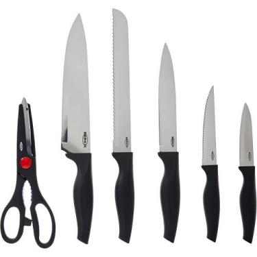 Imagem de Conjunto 6pçs 5 Facas+tesoura Aço Inox Brinox Com Cabo Preto