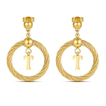 Imagem de Xiacheng Brincos de argola de ouro 18 quilates com inicial de aço inoxidável, hipoalergênicos, presentes modernos para mulheres, declaração delicada, pingente de letra A-Z, joia à prova d'água, Medium