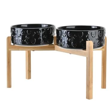 Imagem de SPUNKYJUNKY Tigelas elevadas de cerâmica para cães, 21 cm, com suporte de bambu antiderrapante para raças grandes, podem ser lavadas na lava-louças – 1,701 g, caveira preta