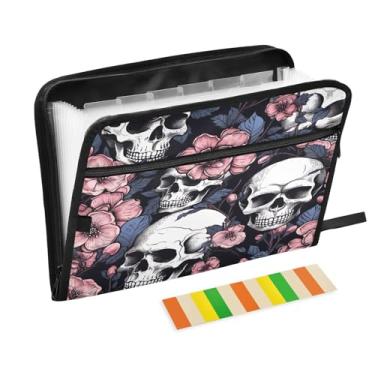 Imagem de Wassud Pasta organizadora de arquivos de papel A4 em formato de acordeão, crânio, rosa, organizador de documentos, com etiquetas, pasta de arquivos expansível, 13 bolsos