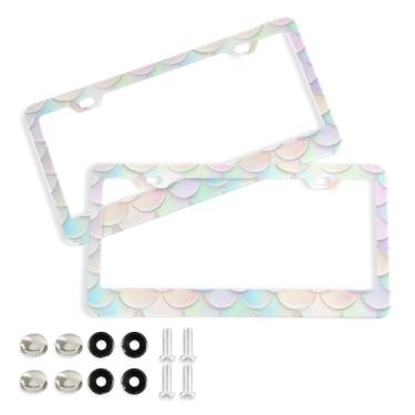 Imagem de Wassud Moldura decorativa de alumínio para placa de carro de sereia arco-íris 2 unidades suporte universal para placa de licença para carros padrão dos EUA