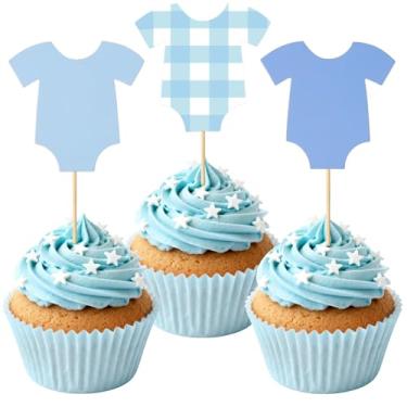Imagem de LLMSIX 48 peças de topo de bolo de body azul, cobertura de cupcake revelação de gênero, tema guingão azul chá de bebê para meninos meninas revelação de gênero decoração de festa de aniversário