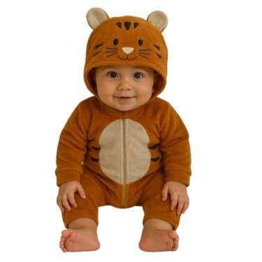 Imagem de Macacão Infantil Plush Bebê Fantasia Manga E Capuz Temático (Marron/Gatinho, M)