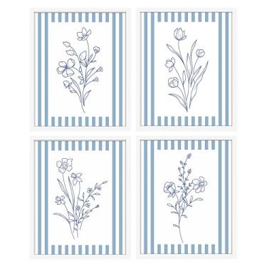 Imagem de AIOAIFUT Arte de parede floral azul de 4 peças, impressões florais azuis e brancas para decoração de parede, imagens de flores 20 x 25 cm, sem moldura