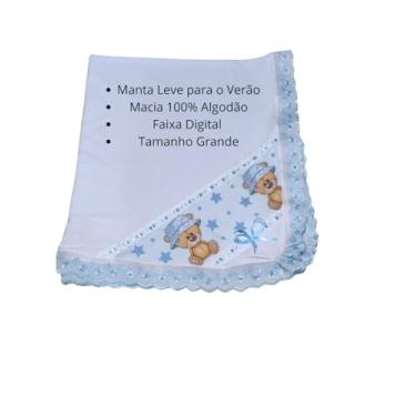Imagem de Manta Cueiro Digital para Bebê, Malha de Algodão com Bordado Inglês e Estampa Safari, Branco com Detalhes Dourados, 80x90cm, para Recém-Nascido e Maternidade (Azul Bebê)