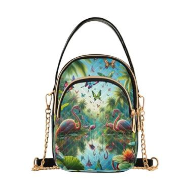 Imagem de Joisal Bolsa tiracolo feminina com bandeira americana, girassóis, pequena bolsa de ombro feminina com zíper triplo, Borboletas, plantas tropicais e flamingos, 15*21*8cm