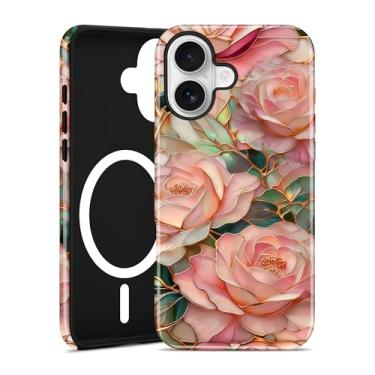 Imagem de Aitipy Capa de telefone com flor magnética para iPhone 16, compatível com MagSafe, lindo vitral rosa rosa floral estética macia TPU macio e policarbonato rígido à prova de choque capa protetora para