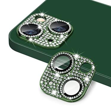 Imagem de Hsefo para iPhone 13 e iPhone 13 Mini Protetor de Lentes de Câmera, Bling 3D Rhinestone Sparkle Diamond 9H Vidro Temperado Tampa de Câmera Anti Arranhões À Prova de Choque Tela de Metal Capa Protetora Completa - Verde