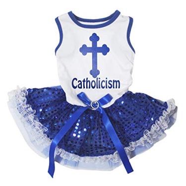 Imagem de Petitebella Roupas para filhotes de cachorro vestido catolicismo cruz branca camiseta tutu de renda lantejoulas azuis (XGG)