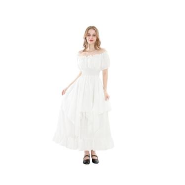 Imagem de Nuoqi Vestido renascentista branco feminino tomara que caia Ren Faire fantasia vitoriana medieval camponesa vestido de noiva, Branco #1587, GG