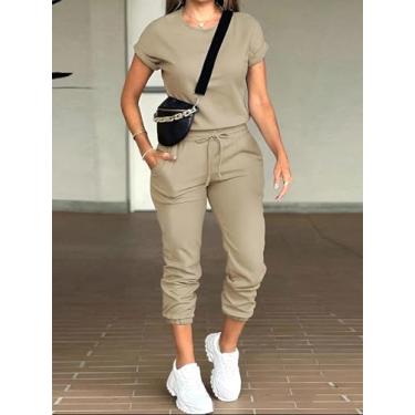 Imagem de Conjunto de agasalho feminino bege de 2 peças - blusa de manga curta e calça jogger, Caqui, Large
