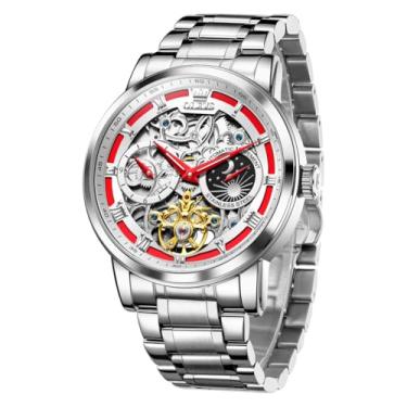 Imagem de OLEVS Relógios masculinos automáticos automáticos automáticos mecânicos de negócios diamante luxuoso vestido de aço inoxidável à prova d'água, 6670: vermelho