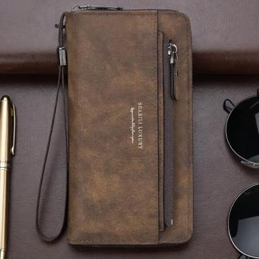 Imagem de Carteira ultrafina universal simples marrom claro horizontal de camurça cruzada, design horizontal marrom claro simples com encaixe, camurça de grão cruzado e perfil ultrafino